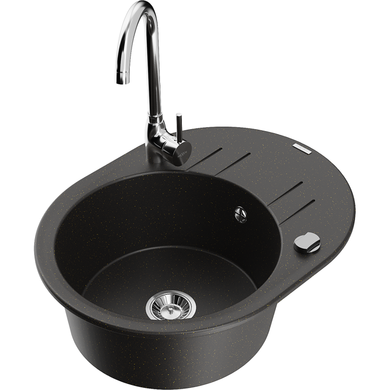 Mexen Kevin lava-loiça de granito de 1 cuba com escorredor e torneira Telma, preto/dourado metálico - 6517-75-670200-00