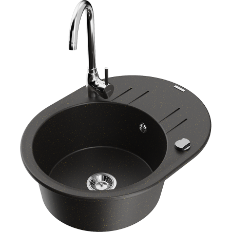 Mexen Kevin fregadero de granito de 1 cubeta con escurridor y grifo de cocina Telma, negro/dorado metálico - 6517-75-670200-00