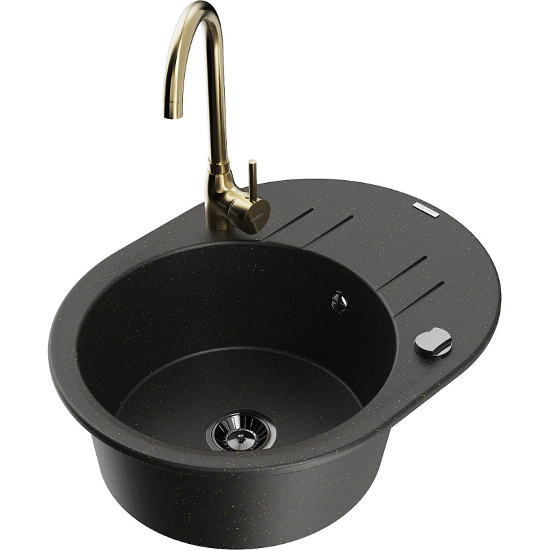 Mexen Kevin granieten spoelbak met 1 bak, afdruiprek en keukenkraan Telma, zwart/goud metallic - 6517-75-670200-50-B