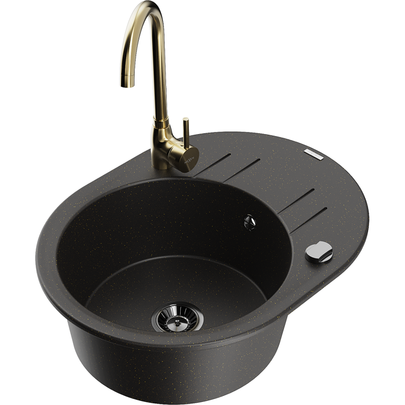 Mexen Kevin lava-loiça de granito 1-cuba com escorredor e torneira de cozinha Telma, preto/dourado metálico