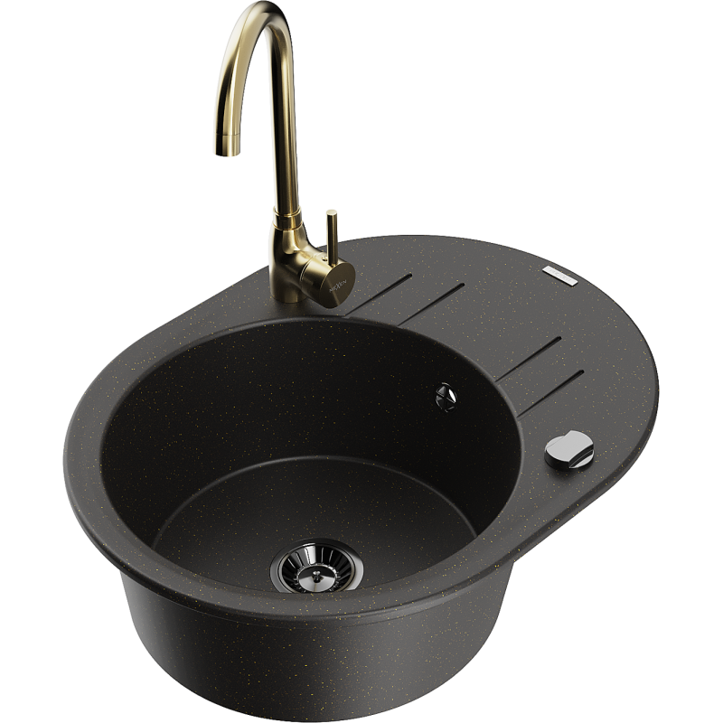 Mexen Kevin lavello in granito a 1 vasca con scolapiatti e rubinetto da cucina Telma, nero/oro metallico - 6517-75-670200-50-B