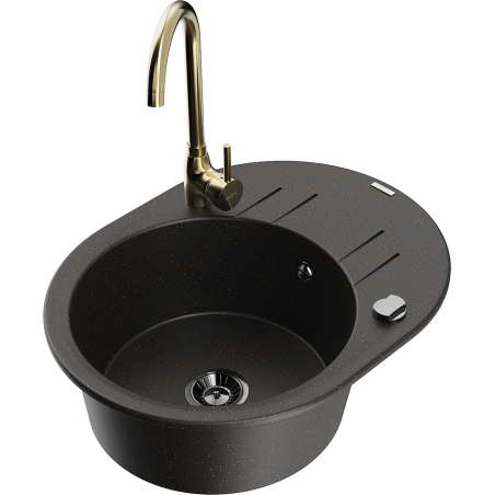 Mexen Kevin fregadero de granito de 1 cubeta con escurridor y grifo de cocina Telma, negro/oro metálico - 6517-75-670200-50-B