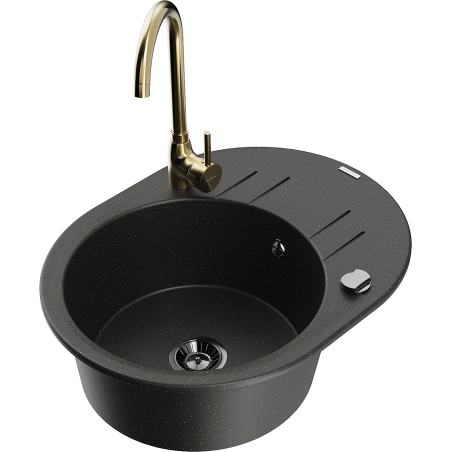 Mexen Kevin Granitspüle 1-Becken mit Abtropffläche und Küchenarmatur Telma, schwarz/gold metallic - 6517-75-670200-50-B