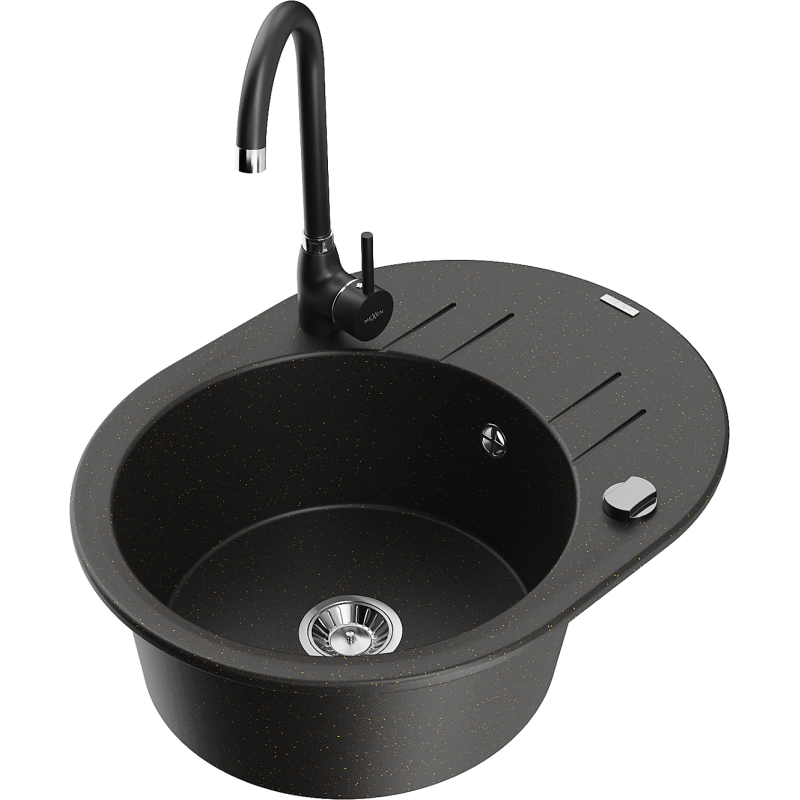 Mexen Kevin fregadero de granito de 1 cubeta con escurridor y grifo de cocina Telma, negro/dorado metálico - 6517-75-670200-70
