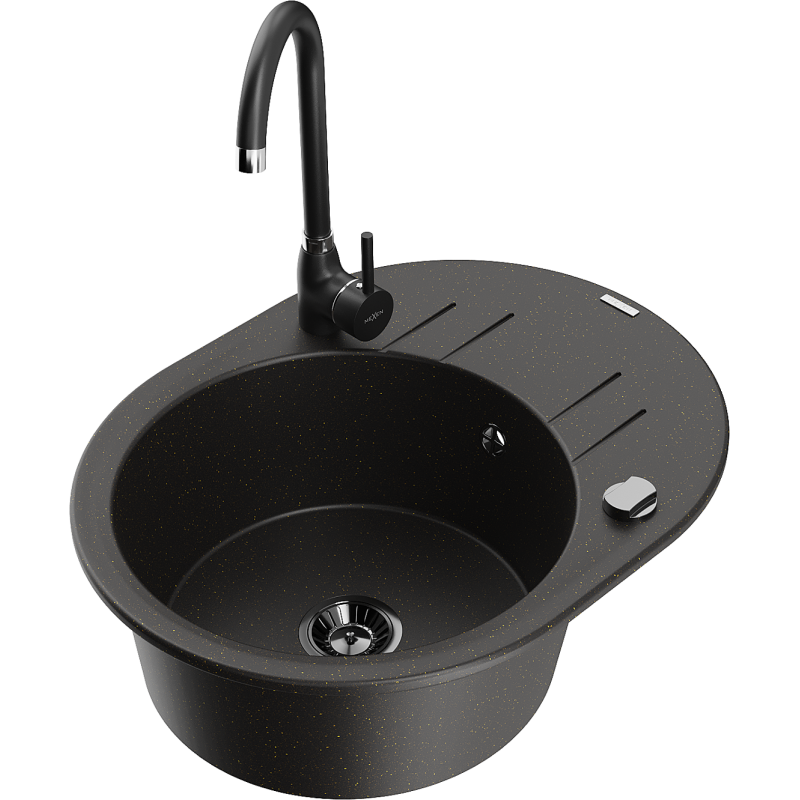 Mexen Kevin graniittinen yhden altaan pesuallas valutustasolla ja keittiöhanalla Telma, musta/kultainen metallihohto