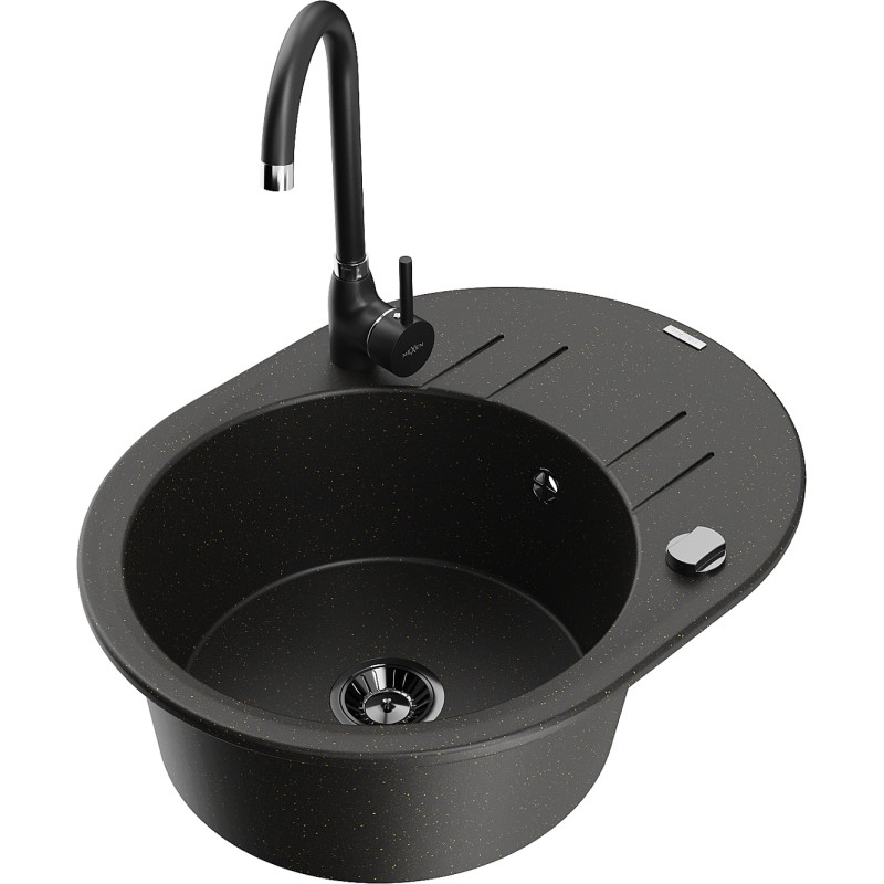 Mexen Kevin granitische spoelbak met 1 bak, druiprek en keukenmengkraan Telma, zwart/goud metallic - 6517-75-670200-70-B