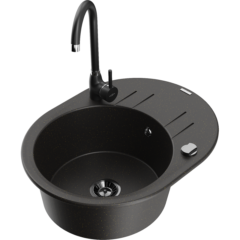 Mexen Kevin lavello in granito a 1 vasca con scolapiatti e rubinetto da cucina Telma, nero/oro metallizzato