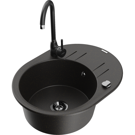 Mexen Kevin granite sink 1-bowl with drainer and Telma kitchen faucet, black/gold metallic - 6517-75-670200-70-B