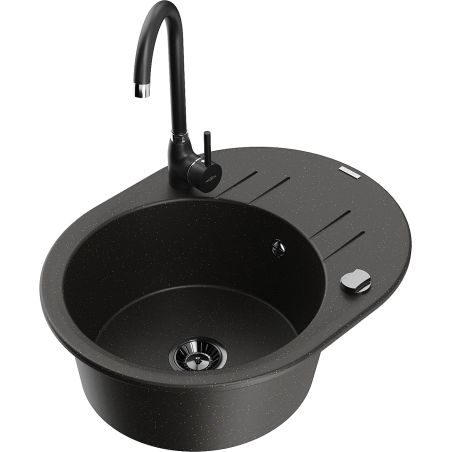 Mexen Kevin lavello in granito a 1 vasca con scolapiatti e rubinetto da cucina Telma, nero/oro metallizzato