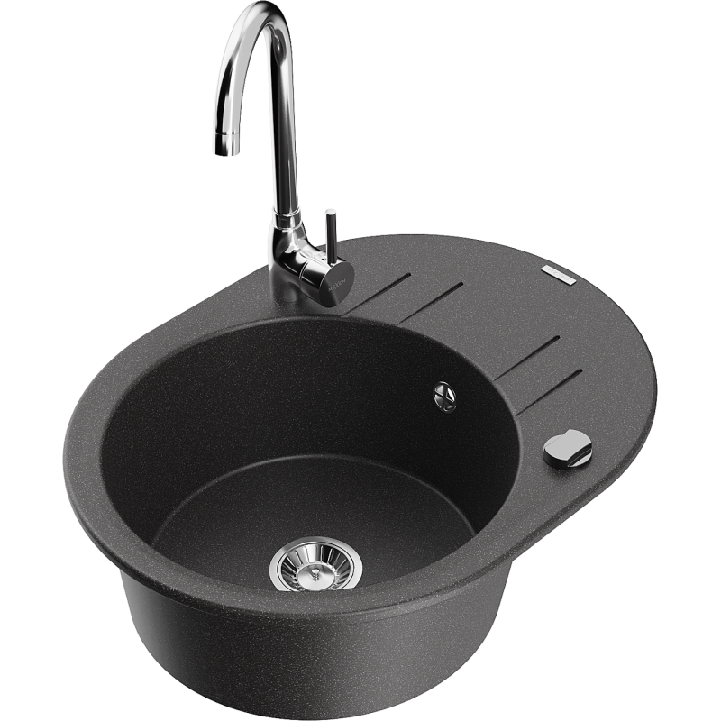 Mexen Kevin fregadero de granito 1-cubeta con escurridor y grifo de cocina Telma, negro moteado - 6517-76-670200-00