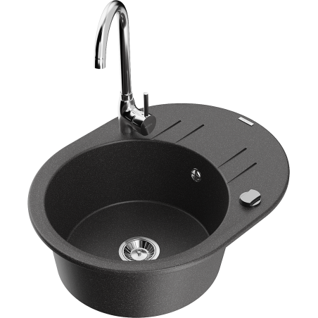 Mexen Kevin lavello da cucina in granito 1-vasca con scolapiatti e rubinetto Telma, nero puntinato - 6517-76-670200-00