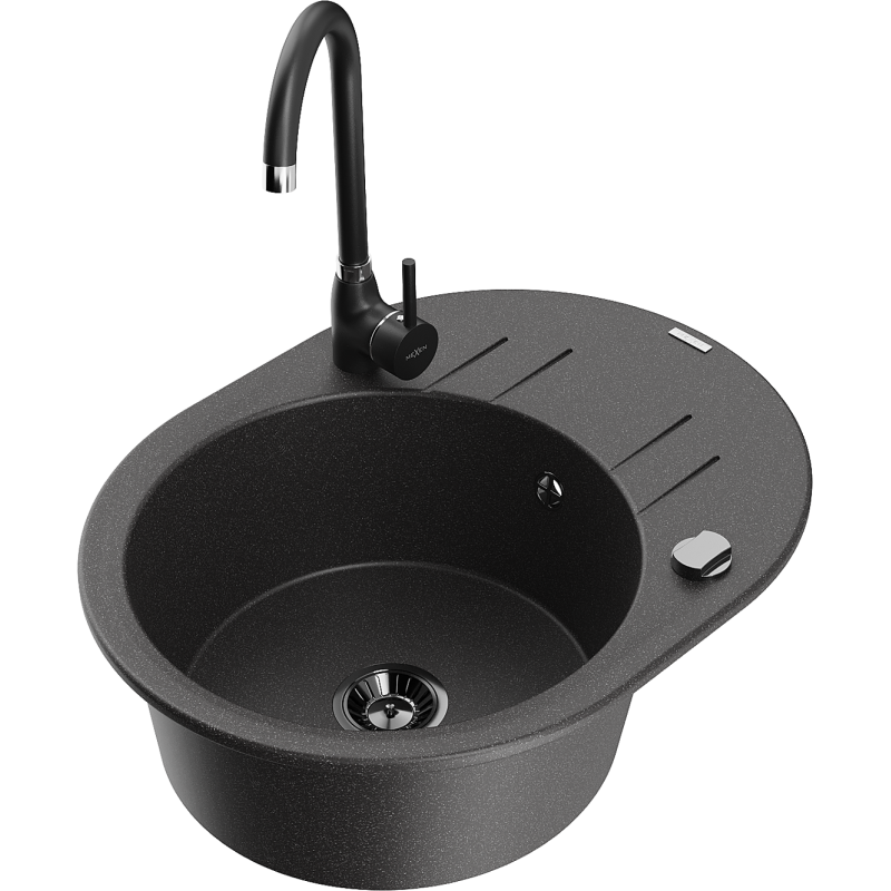 Mexen Kevin lava-louça de granito de 1 câmara com escorredor e torneira de cozinha Telma, preto salpicado