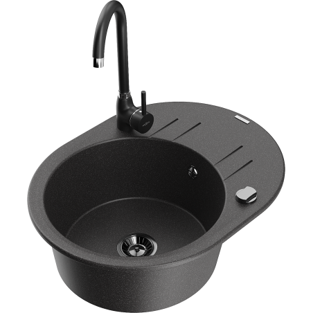 Mexen Kevin évier en granit 1 bac avec égouttoir et robinet de cuisine Telma, noir moucheté - 6517-76-670200-70-B