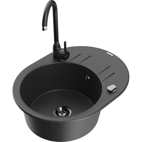 Mexen Kevin granite sink with 1 bowl, drainer and Telma kitchen tap, speckled black - 6517-76-670200-70-B