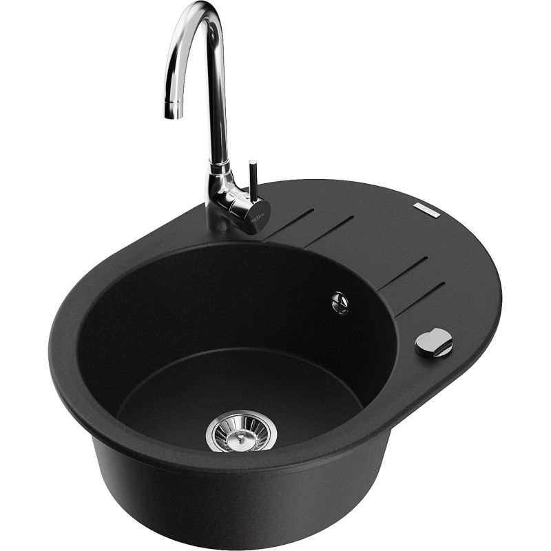 Mexen Kevin lava-loiça de granito 1-cuba com escorredor e torneira de cozinha Telma, preto - 6517-77-670200-00