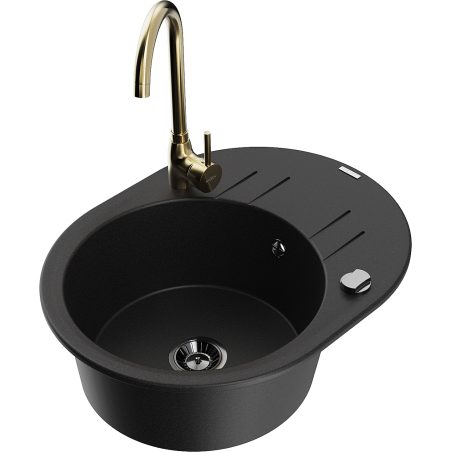 Mexen Kevin 1-bowl granite sink with drainer and Telma kitchen tap, black - 6517-77-670200-50-B
