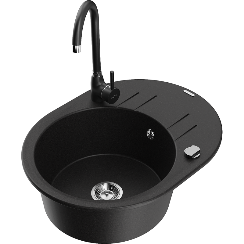 Mexen Kevin fregadero de granito de 1 cubeta con escurridor y grifo de cocina Telma, negro - 6517-77-670200-70