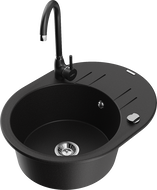 Mexen Kevin granite kitchen sink 1-bowl with drainer and Telma kitchen faucet, black - 6517-77-670200-70