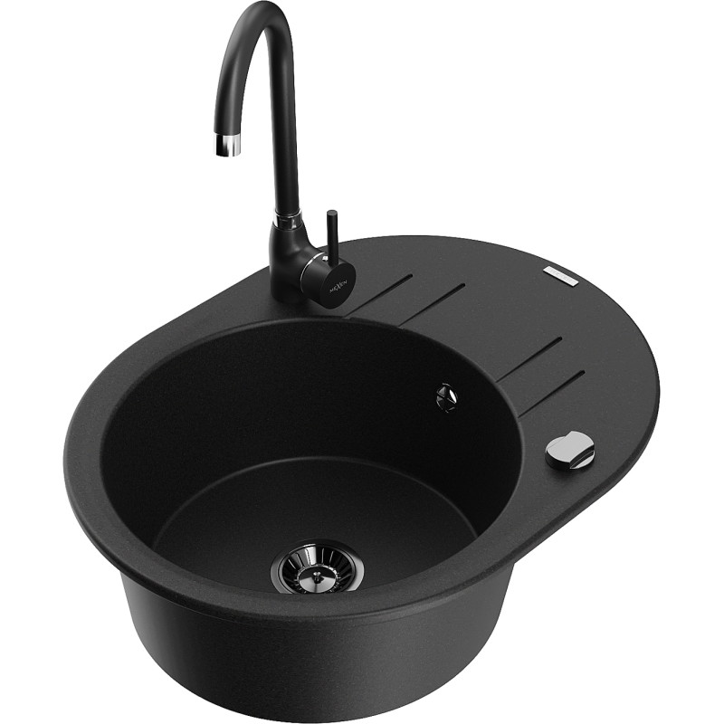 Mexen Kevin fregadero de granito de 1 tazón con escurridor y grifo de cocina Telma, negro - 6517-77-670200-70-B