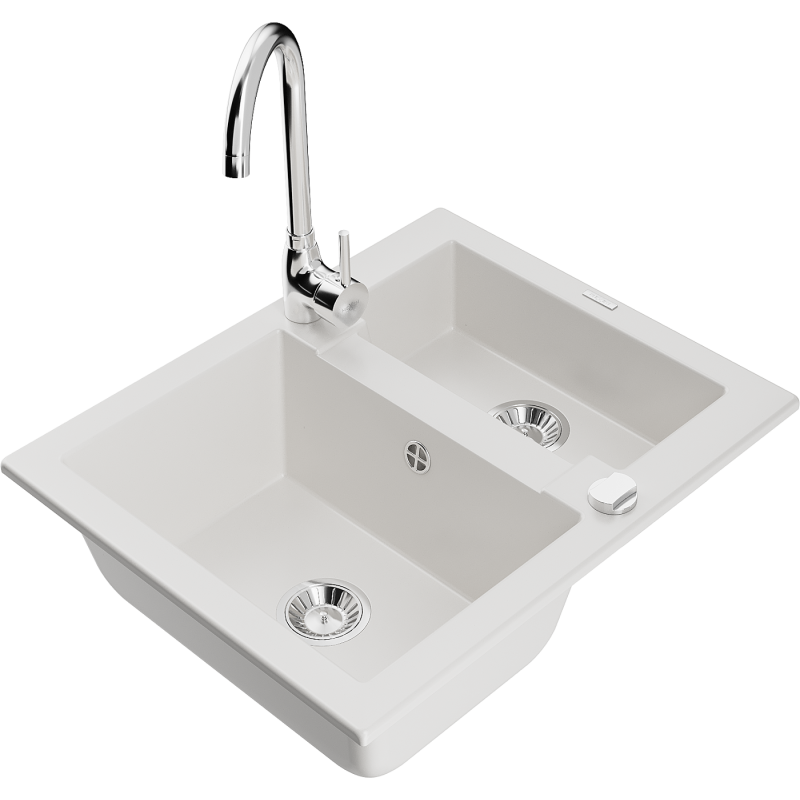 Mexen Carlos Granite Sink 1.5-Bowl with Telma Kitchen Tap, White - 6518-20-670200-00