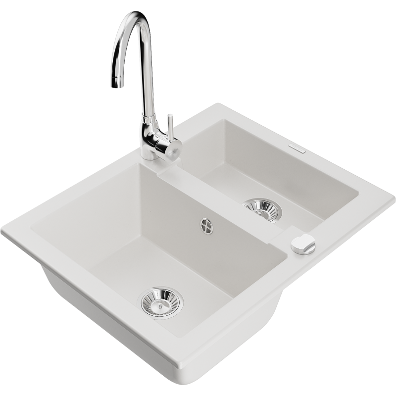 Mexen Carlos lava-louça de granito 1,5-comprimento com torneira de cozinha Telma, branco - 6518-20-670200-00