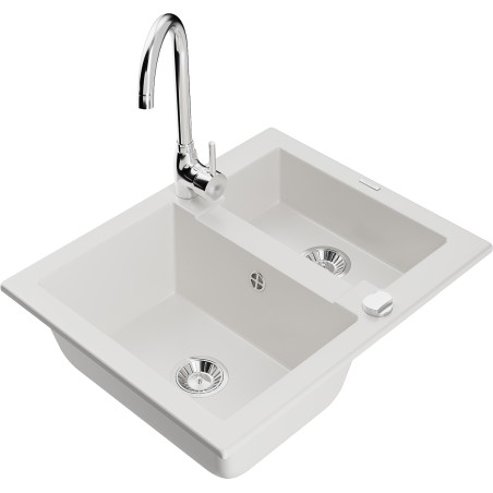 Mexen Carlos lava-louça de granito 1,5-comprimento com torneira de cozinha Telma, branco - 6518-20-670200-00