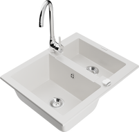 Mexen Carlos Granite Sink 1.5-Bowl with Telma Kitchen Tap, White - 6518-20-670200-00