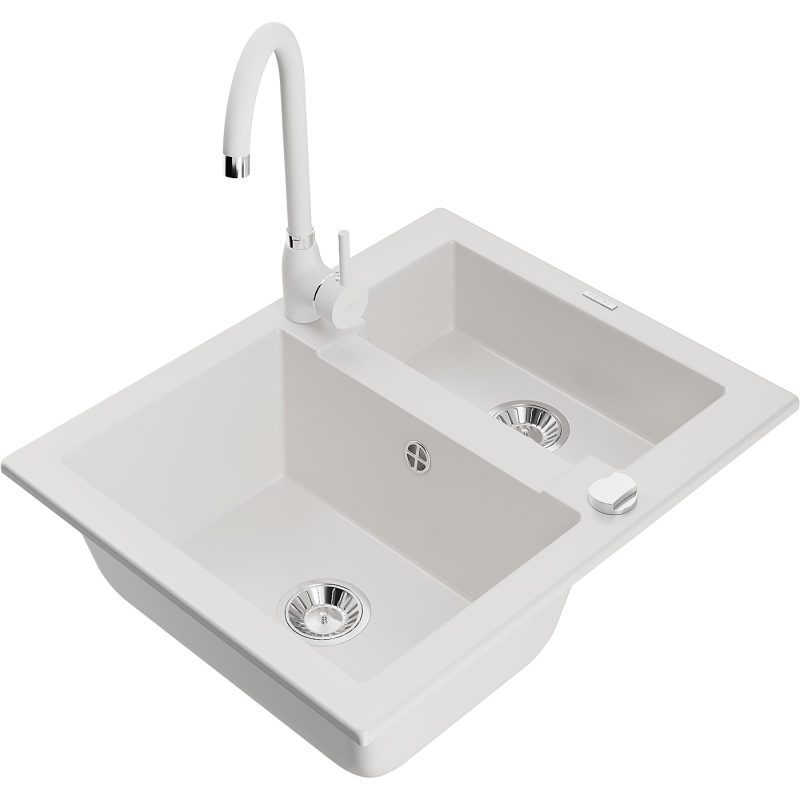 Mexen Carlos fregadero de granito de 1,5 senos con grifo de cocina Telma, blanco - 6518-20-670200-20