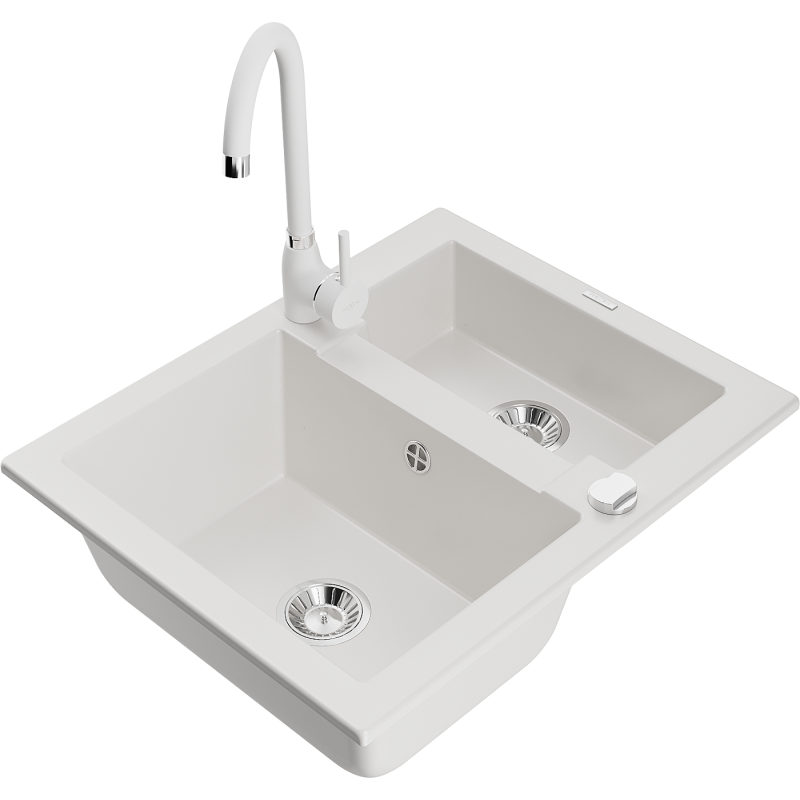 Mexen Carlos lava-louça de granito de 1,5 bacias com torneira de cozinha Telma, branco - 6518-20-670200-20