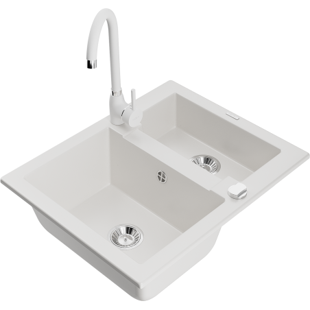Mexen Carlos fregadero de granito de 1,5 senos con grifo de cocina Telma, blanco - 6518-20-670200-20