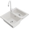 Mexen Carlos 1.5-bowl granite sink with Telma kitchen tap, white - 6518-20-670200-20