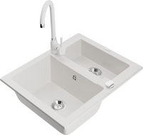 Mexen Carlos 1.5-bowl granite sink with Telma kitchen tap, white - 6518-20-670200-20