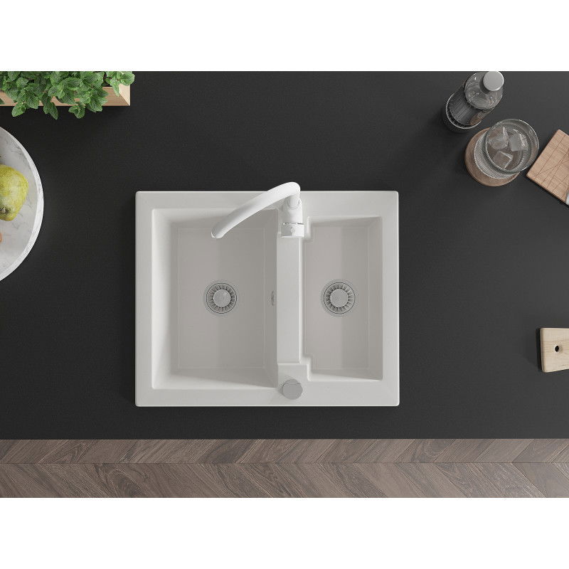 Mexen Carlos 1.5-bowl granite sink with Telma kitchen tap, white - 6518-20-670200-20