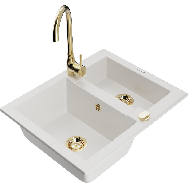 Mexen Carlos évier en granit 1,5 bac avec mitigeur de cuisine Telma, blanc - 6518-20-670200-50