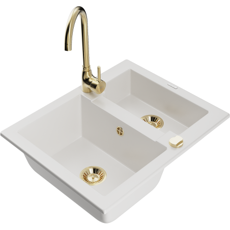 Mexen Carlos granite sink 1.5-bowl with Telma kitchen faucet, white - 6518-20-670200-50