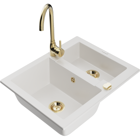 Mexen Carlos Granitspüle 1,5-Becken mit Küchenarmatur Telma, weiß - 6518-20-670200-50