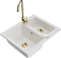 Mexen Carlos granite sink 1.5-bowl with Telma kitchen faucet, white - 6518-20-670200-50