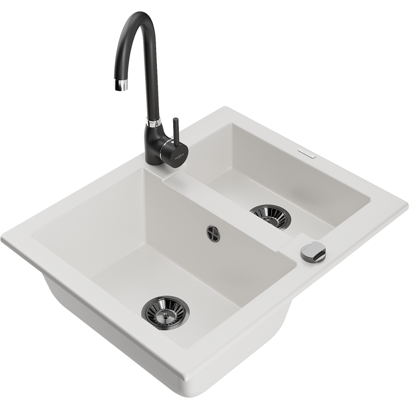 Mexen Carlos Granit-Ëvier 1,5-Compartiment mat Kiche-Kran Telma, wäiss - 6518-20-670200-70