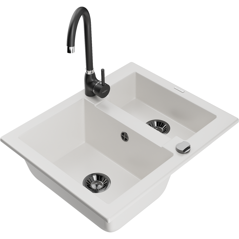 Mexen Carlos granitdiskbänk med 1,5-fack med Telma köksblandare, vit - 6518-20-670200-70