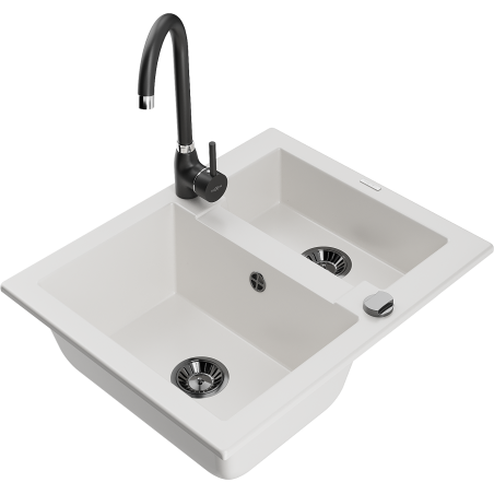 Mexen Carlos granite sink 1.5-bowl with Telma kitchen tap, white - 6518-20-670200-70