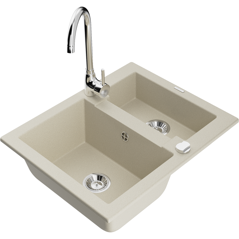 Mexen Carlos évier en granit 1,5 bac avec robinet de cuisine Telma, beige - 6518-69-670200-00
