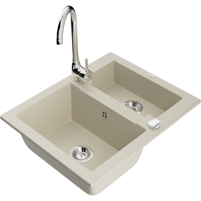 Mexen Carlos fregadero de granito de 1,5 senos con grifo de cocina Telma, beige - 6518-69-670200-00