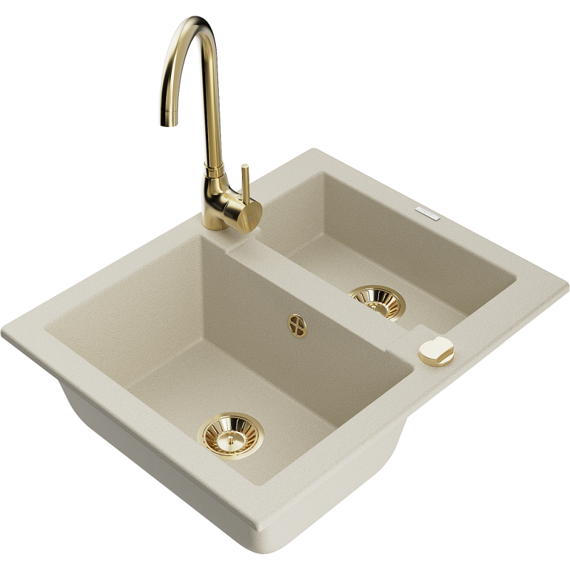 Mexen Carlos évier en granit 1,5 bac avec robinet de cuisine Telma, beige - 6518-69-670200-50