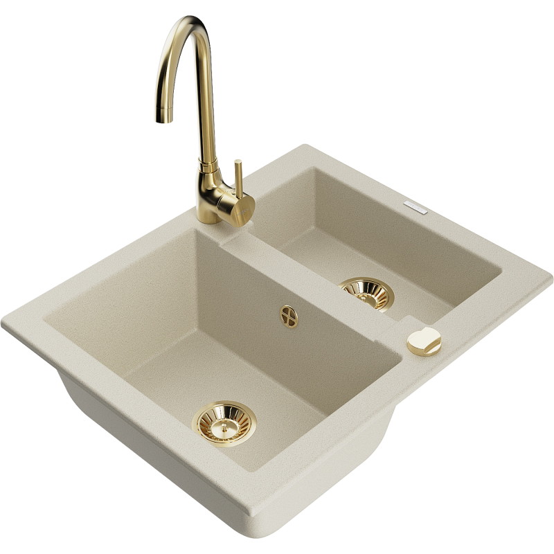 Mexen Carlos évier en granit 1,5 cuve avec robinet de cuisine Telma, beige - 6518-69-670200-50
