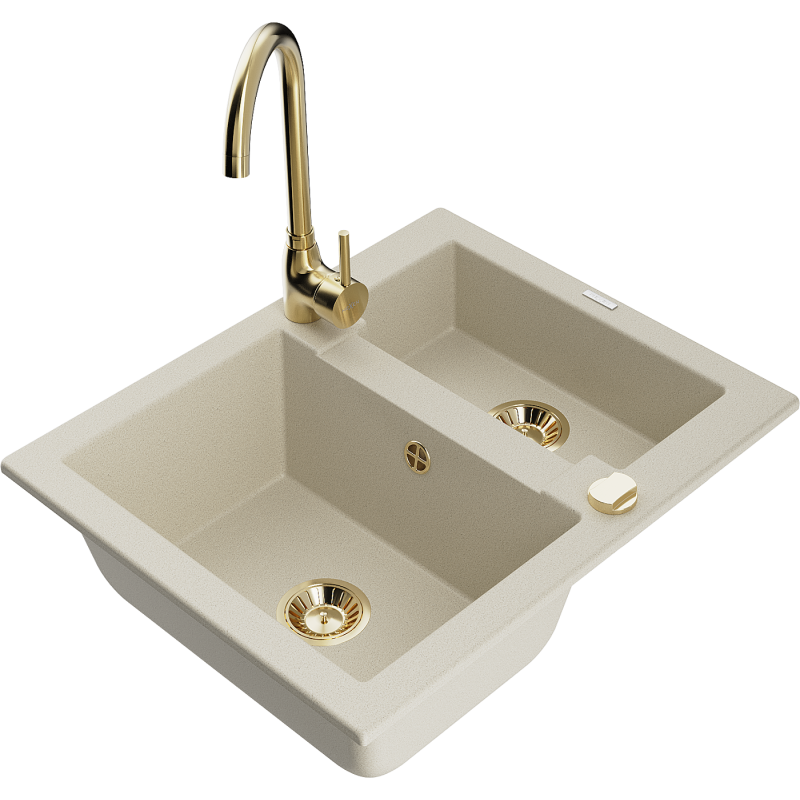 Mexen Carlos granitdiskbänk 1,5-kammare med köksblandare Telma, beige - 6518-69-670200-50