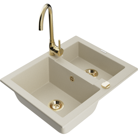 Mexen Carlos évier en granit 1,5 bac avec robinet de cuisine Telma, beige - 6518-69-670200-50