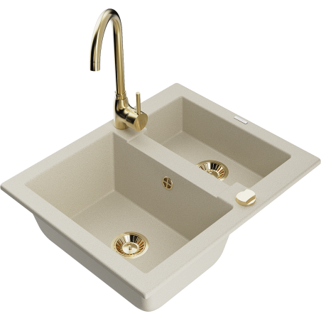 Mexen Carlos fregadero de granito de 1,5 senos con grifo de cocina Telma, beige - 6518-69-670200-50
