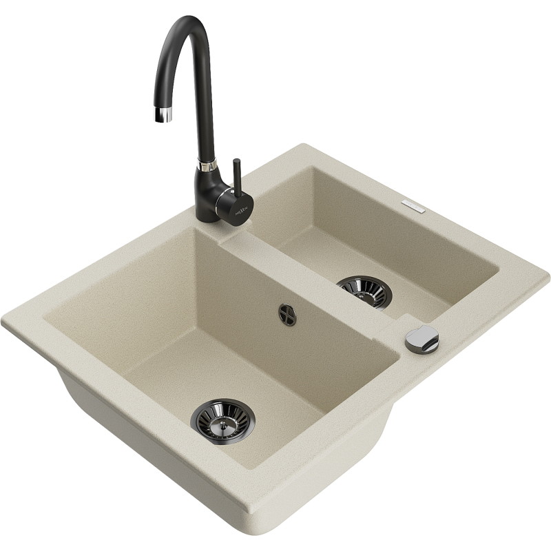 Mexen Carlos Granitspüle 1,5-beckig mit Küchenarmatur Telma, Beige - 6518-69-670200-70