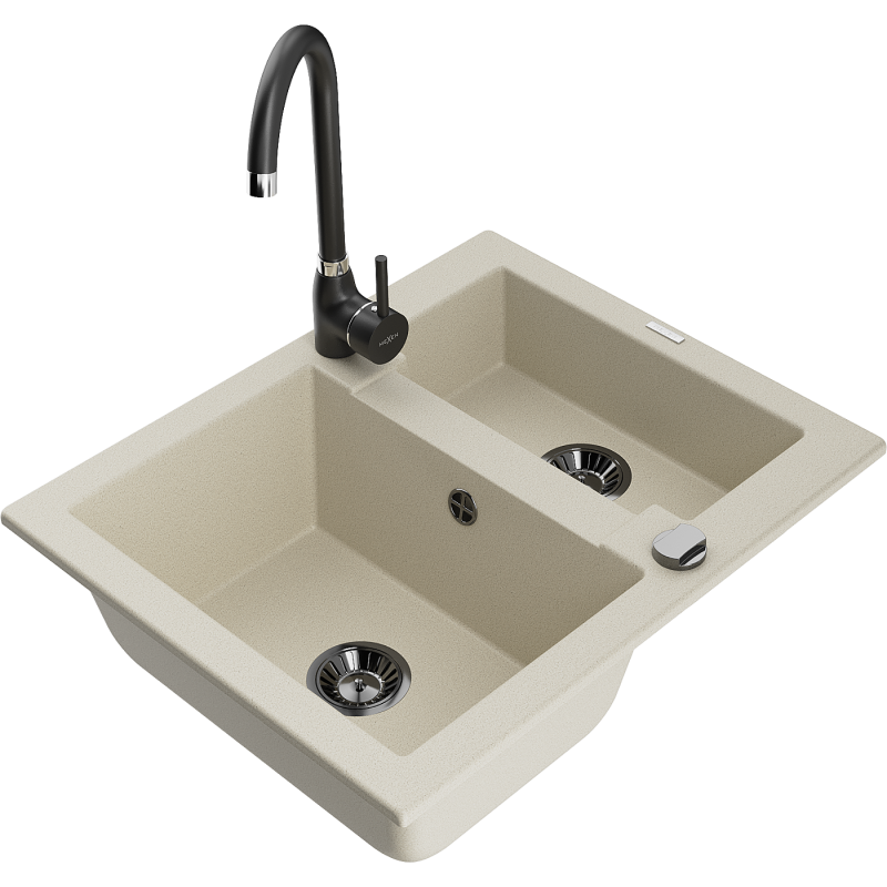 Mexen Carlos lava-loiça em granito de 1,5 cubas com torneira de cozinha Telma, bege - 6518-69-670200-70