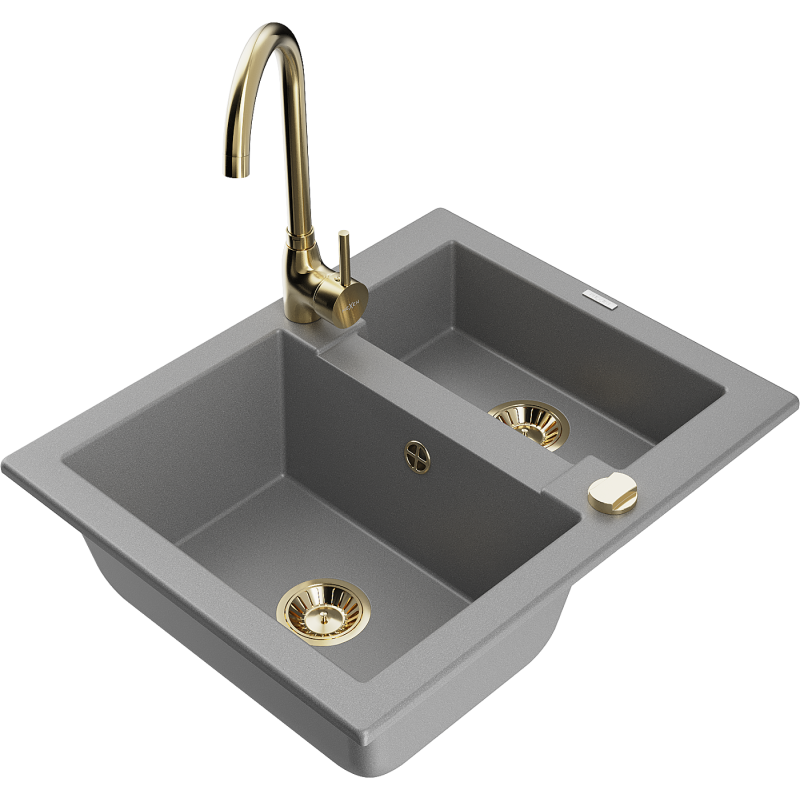 Mexen Carlos granite sink 1.5-bowl with Telma kitchen tap, grey - 6518-71-670200-50